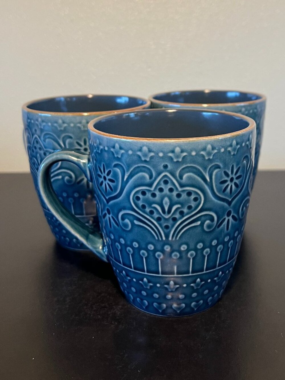 Set of 3 ELAMA Stoneware Mugs in Deep Sea Mozaic Pattern ~ Grandmillennial